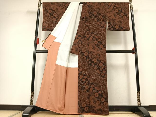 平和屋着物●上質な小紋　型染め　久米島本泥染　切嵌花文　鬼しぼ縮緬　正絹　逸品　AABL3212fy