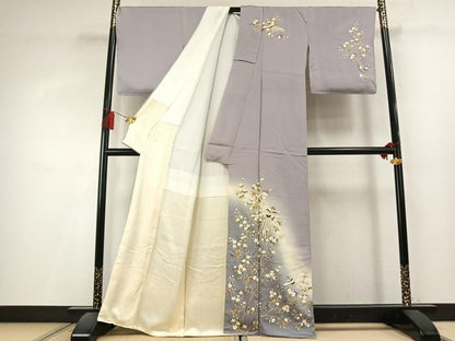 平和屋着物●螺鈿作家　甲斐泰造　訪問着　螺鈿　花鳥文　暈し染め　金彩　丹後ちりめん　反端付き　正絹　逸品　未使用　AABL3214fy