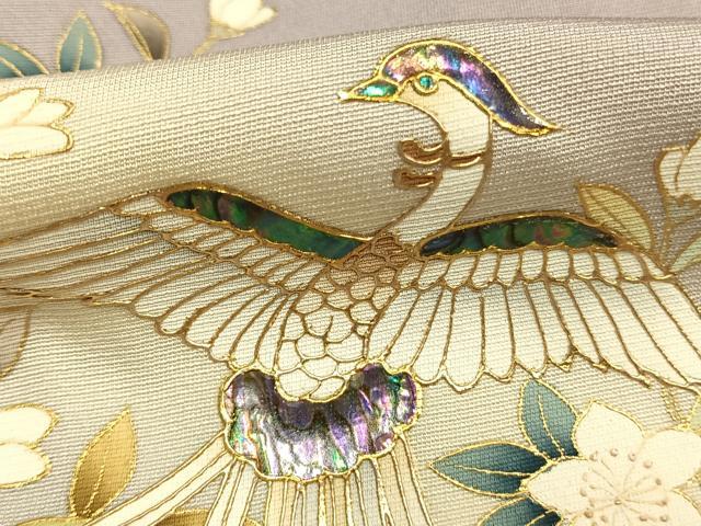 平和屋着物●螺鈿作家　甲斐泰造　訪問着　螺鈿　花鳥文　暈し染め　金彩　丹後ちりめん　反端付き　正絹　逸品　未使用　AABL3214fy