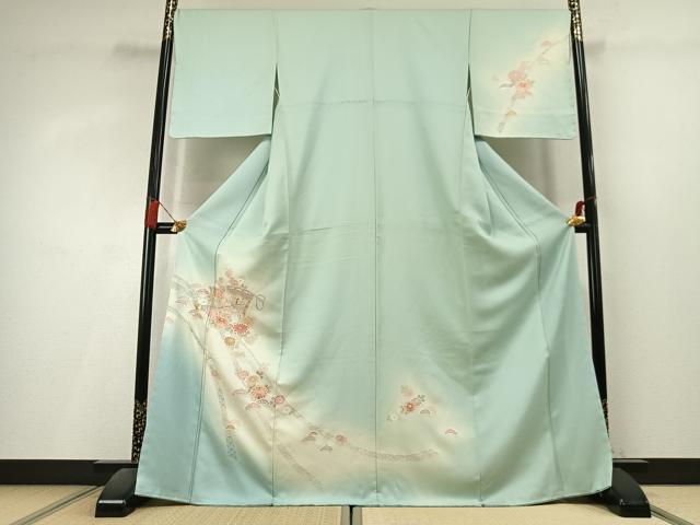 平和屋着物●訪問着　中国三大刺繍　スワトウ刺繍　汕頭刺繍　蘇州刺繍　総刺繍　扇面花鳥文　暈し染め　正絹　逸品　未使用　AABL3219fy