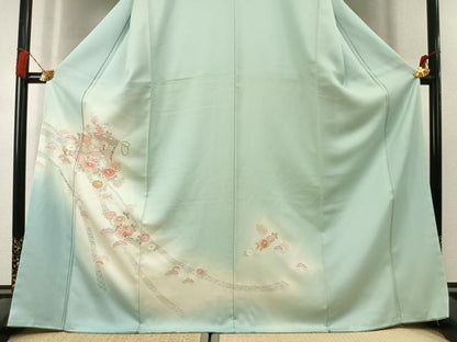 平和屋着物●訪問着　中国三大刺繍　スワトウ刺繍　汕頭刺繍　蘇州刺繍　総刺繍　扇面花鳥文　暈し染め　正絹　逸品　未使用　AABL3219fy