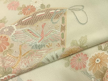 平和屋着物●訪問着　中国三大刺繍　スワトウ刺繍　汕頭刺繍　蘇州刺繍　総刺繍　扇面花鳥文　暈し染め　正絹　逸品　未使用　AABL3219fy