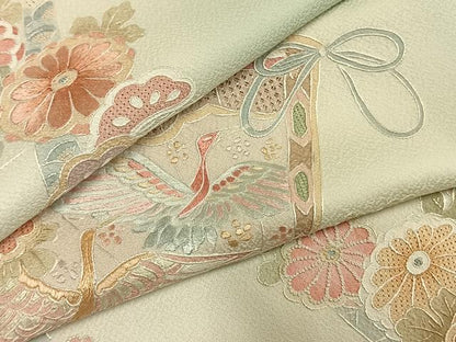 平和屋着物●訪問着　中国三大刺繍　スワトウ刺繍　汕頭刺繍　蘇州刺繍　総刺繍　扇面花鳥文　暈し染め　正絹　逸品　未使用　AABL3219fy
