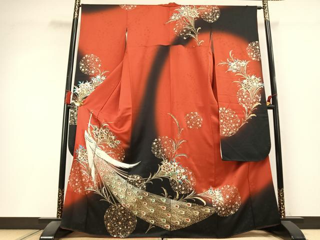 平和屋着物●豪華振袖　螺鈿　孔雀花文　暈し染め　金銀彩　正絹　逸品　AABL3221fy