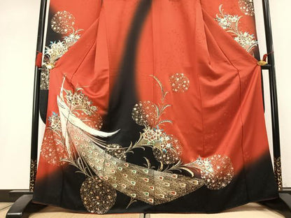 平和屋着物●豪華振袖　螺鈿　孔雀花文　暈し染め　金銀彩　正絹　逸品　AABL3221fy