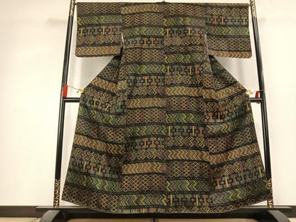 平和屋着物●上質な小紋　横段文　黒地　正絹　逸品　未使用　AABL3231fy