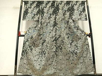 平和屋着物●訪問着　お召地　更紗花文　黒地　銀糸　正絹　逸品　未使用　AABL3235fy
