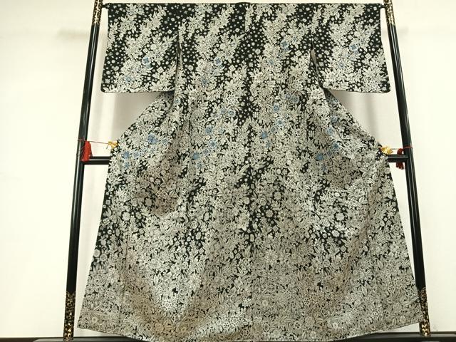 平和屋着物●訪問着　お召地　更紗花文　黒地　銀糸　正絹　逸品　未使用　AABL3235fy