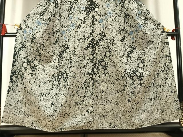平和屋着物●訪問着　お召地　更紗花文　黒地　銀糸　正絹　逸品　未使用　AABL3235fy