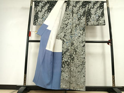 平和屋着物●訪問着　お召地　更紗花文　黒地　銀糸　正絹　逸品　未使用　AABL3235fy