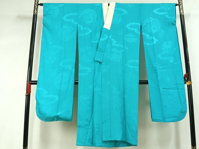 平和屋着物●振袖用長襦袢　無双仕立て　雲取り花地紋　青緑色　正絹　逸品　AABL3241fy