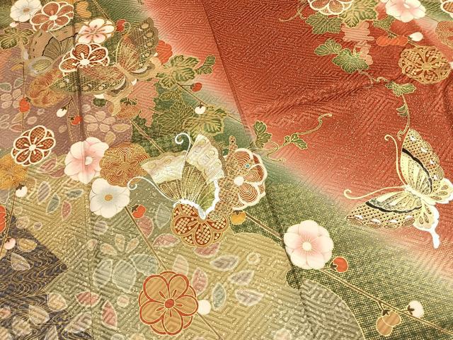 平和屋着物●豪華振袖　花蝶文　暈し染め　金銀彩　正絹　逸品　AABL3243fy
