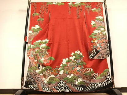 平和屋着物●豪華振袖　御所車花文　金彩　正絹　逸品　AABL3246fy