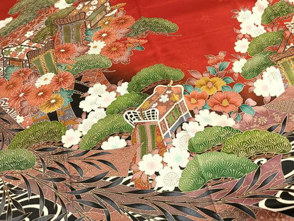 平和屋着物●豪華振袖　御所車花文　金彩　正絹　逸品　AABL3246fy