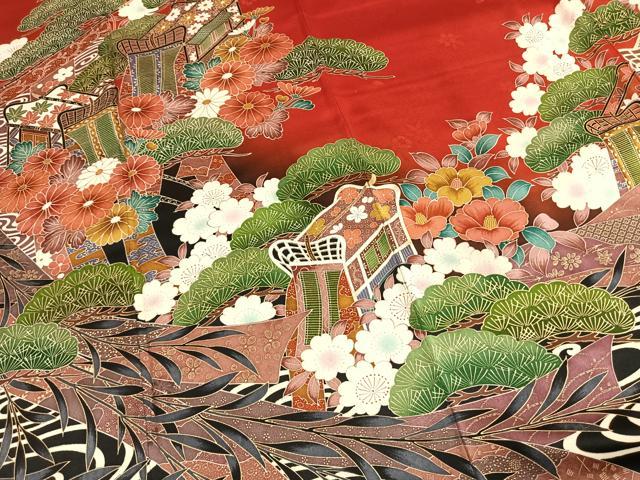 平和屋着物●豪華振袖　御所車花文　金彩　正絹　逸品　AABL3246fy