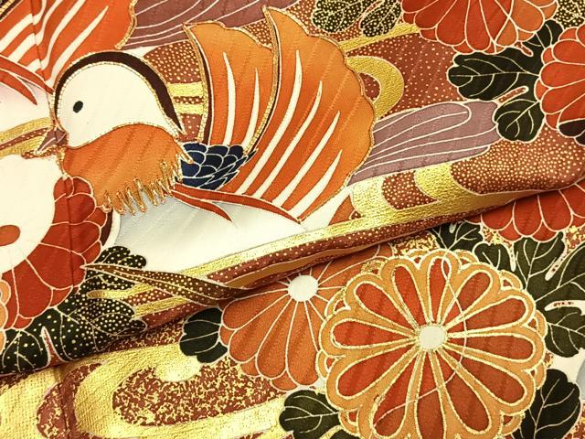 平和屋着物●豪華振袖　駒刺繍　鴛鴦花文　金彩　正絹　逸品　AABL3248fy