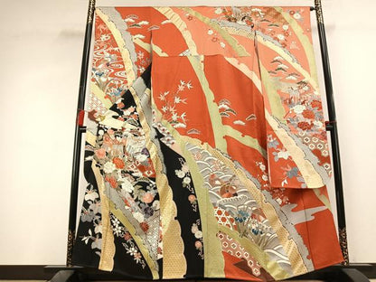 平和屋着物●豪華振袖　駒刺繍　御所車花鳥文　金彩　正絹　逸品　AABL3259fy