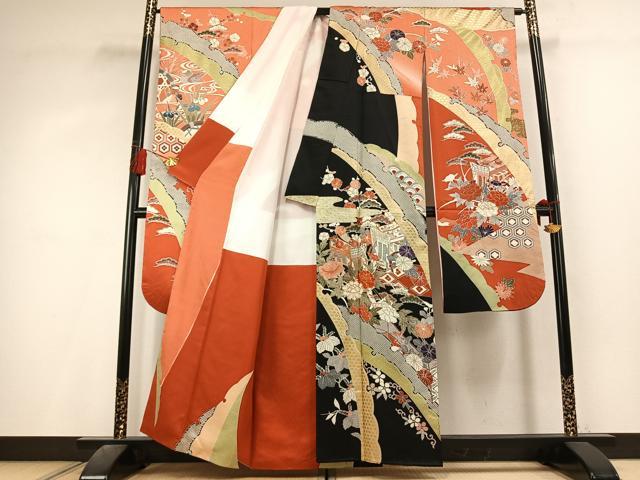 平和屋着物●豪華振袖　駒刺繍　御所車花鳥文　金彩　正絹　逸品　AABL3259fy