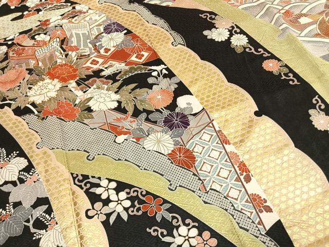 平和屋着物●豪華振袖　駒刺繍　御所車花鳥文　金彩　正絹　逸品　AABL3259fy