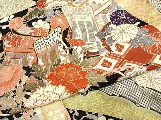 平和屋着物●豪華振袖　駒刺繍　御所車花鳥文　金彩　正絹　逸品　AABL3259fy