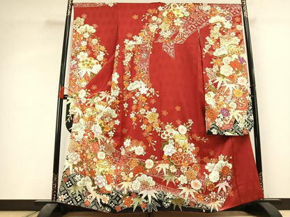平和屋着物●豪華振袖　駒刺繍　貝桶花文　暈し染め　金彩　正絹　逸品　AABL3260fy