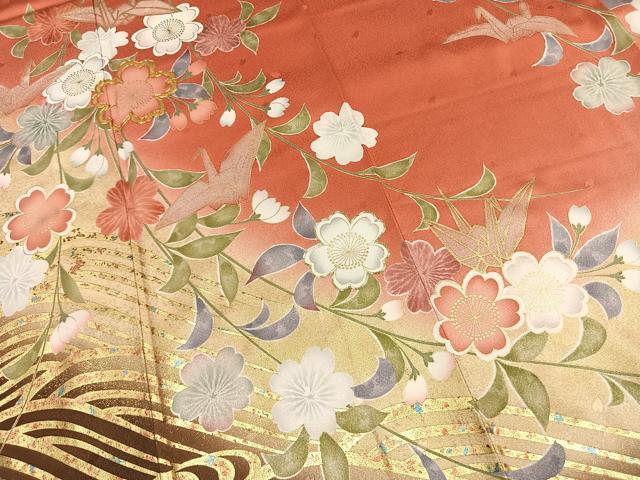 平和屋着物●豪華振袖　駒刺繍　折鶴　草花文　暈し染め　金彩　正絹　逸品　AABL3272fy