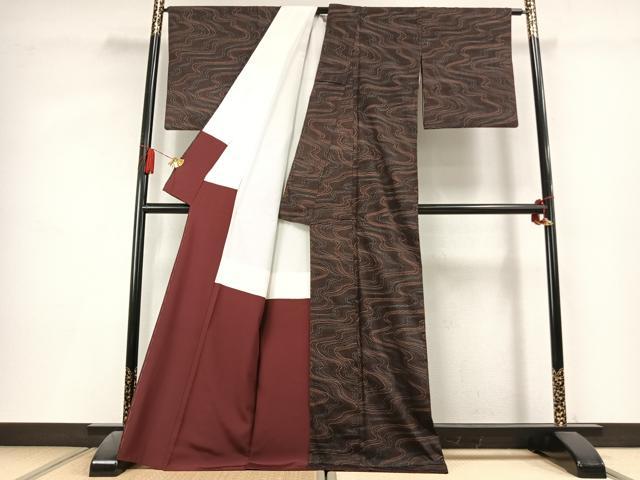 平和屋着物●六條ゆきやま紬　流水文　証紙付き　ロング丈　正絹　逸品　AABL3294fy