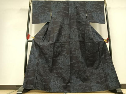 平和屋着物●結城紬　80亀甲　風景花文　正絹　逸品　AABL3300fy