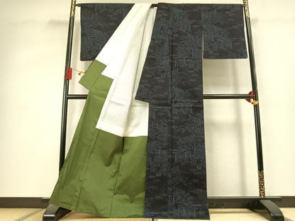 平和屋着物●結城紬　80亀甲　風景花文　正絹　逸品　AABL3300fy