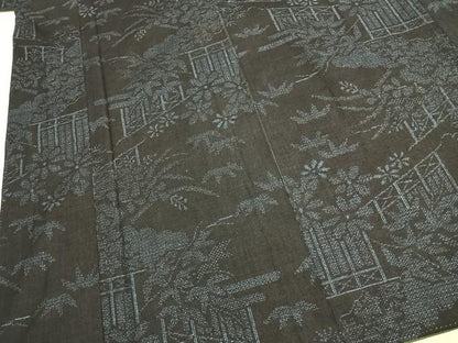 平和屋着物●結城紬　80亀甲　風景花文　正絹　逸品　AABL3300fy