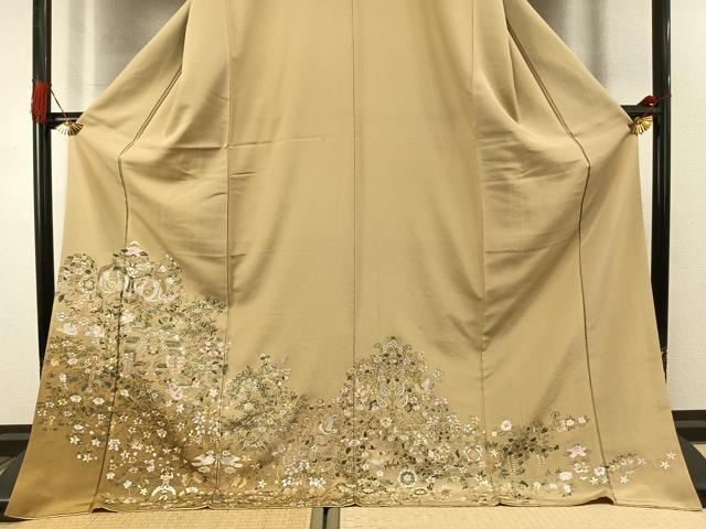 平和屋着物●訪問着　総刺繍　花鳥文　暈し染め　ロング丈　正絹　逸品　AABL3313fy