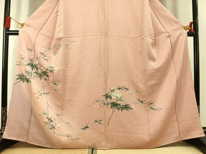 平和屋着物●訪問着　友禅　杢目絞り　枝花文　暈し染め　正絹　逸品　AABL3323fy