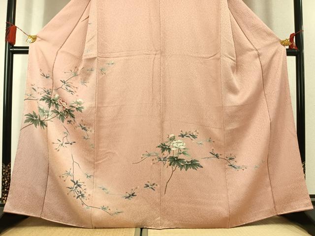 平和屋着物●訪問着　友禅　杢目絞り　枝花文　暈し染め　正絹　逸品　AABL3323fy