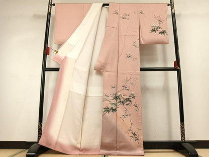 平和屋着物●訪問着　友禅　杢目絞り　枝花文　暈し染め　正絹　逸品　AABL3323fy