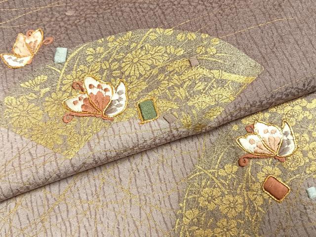 平和屋着物●訪問着　駒刺繍　地紙花蝶文　暈し染め　金彩　正絹　逸品　未使用　AABL3324fy
