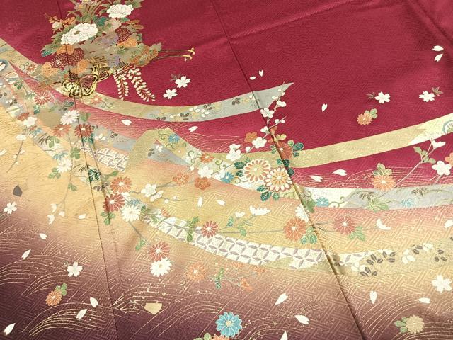 平和屋着物●豪華振袖　片輪車花文　暈し染め　金銀彩　正絹　逸品　AABL3336fy