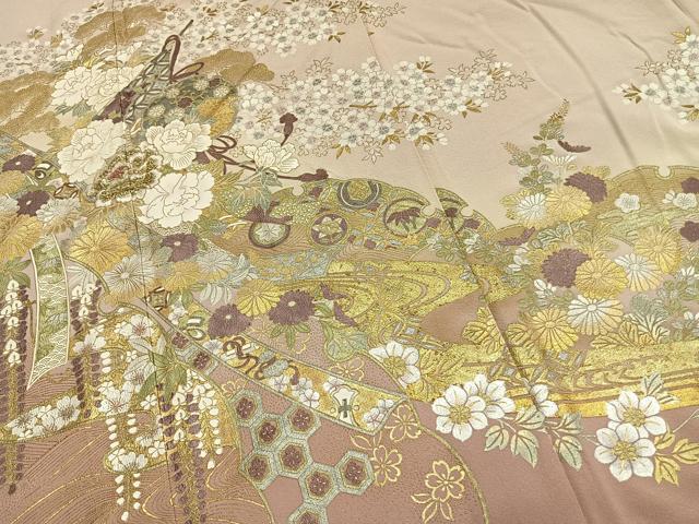平和屋着物●豪華色留袖　刺繍　草花文　暈し染め　金糸　金銀彩　正絹　逸品　AABL3342fy
