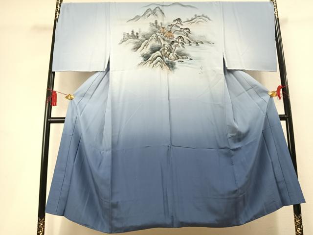 平和屋着物●男性　長襦袢　袷　手描き　風景文　暈し染め　正絹　逸品　AABL3344fy