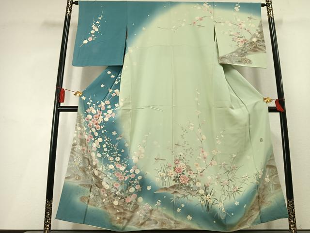 平和屋着物●十日町友禅作家　松雨　訪問着　花鳥文　暈し染め　金銀彩　正絹　逸品　AABL3351fy