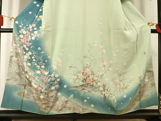 平和屋着物●十日町友禅作家　松雨　訪問着　花鳥文　暈し染め　金銀彩　正絹　逸品　AABL3351fy