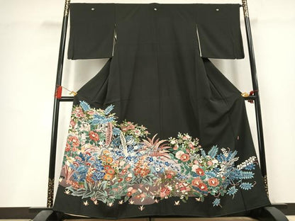 平和屋着物●豪華黒留袖　友禅　作家物　花鳥文　正絹　逸品　AABL3354fy