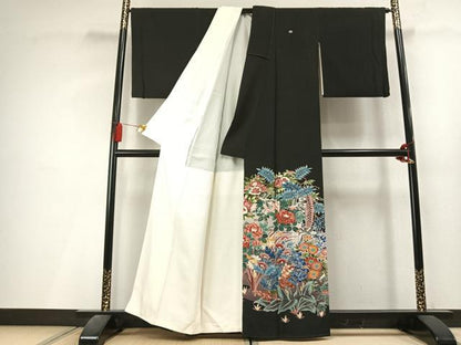 平和屋着物●豪華黒留袖　友禅　作家物　花鳥文　正絹　逸品　AABL3354fy