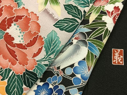 平和屋着物●豪華黒留袖　友禅　作家物　花鳥文　正絹　逸品　AABL3354fy