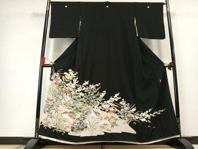 平和屋着物●本加賀友禅作家　直江良三　黒留袖　花鳥文　正絹　逸品　AABL3365fy