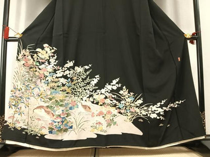 平和屋着物●本加賀友禅作家　直江良三　黒留袖　花鳥文　正絹　逸品　AABL3365fy