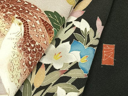 平和屋着物●本加賀友禅作家　直江良三　黒留袖　花鳥文　正絹　逸品　AABL3365fy