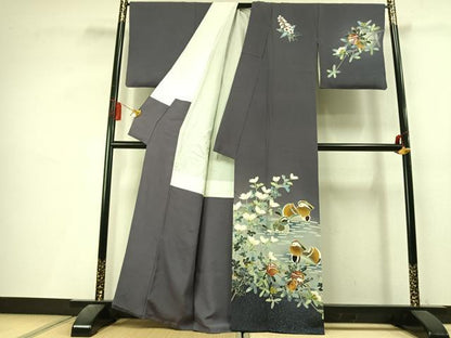 平和屋着物●訪問着　作家物　鴛鴦花文　暈し染め　金銀彩　正絹　逸品　AABL3373fy