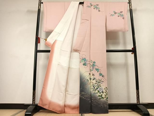 平和屋着物●訪問着　草花　葡萄蔦の葉文　暈し染め　金銀彩　正絹　逸品　AABL3380fy
