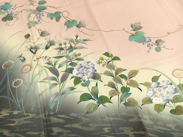 平和屋着物●訪問着　草花　葡萄蔦の葉文　暈し染め　金銀彩　正絹　逸品　AABL3380fy