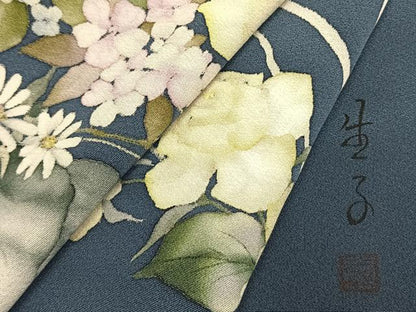 平和屋着物●手描友禅女流作家　一色生子　訪問着　草花文　正絹　逸品　AABL3383fy